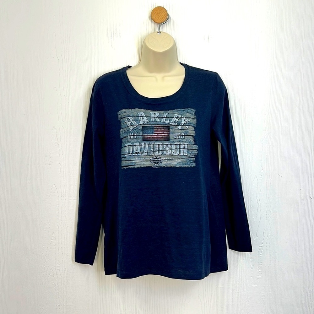 Harley Davidson -Titusville Florida Navy American Flag Graphic Long Sleeve Top M
